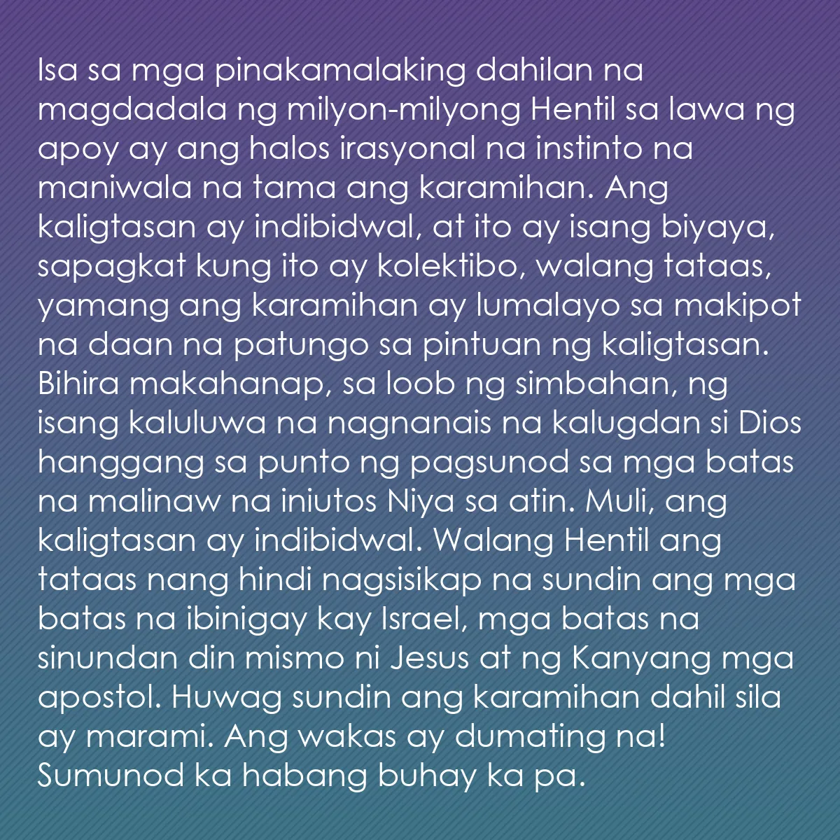 0042 - Post tungkol sa Batas ng Diyos: Isa sa mga pinakamalaking dahilan na magdadala ng...