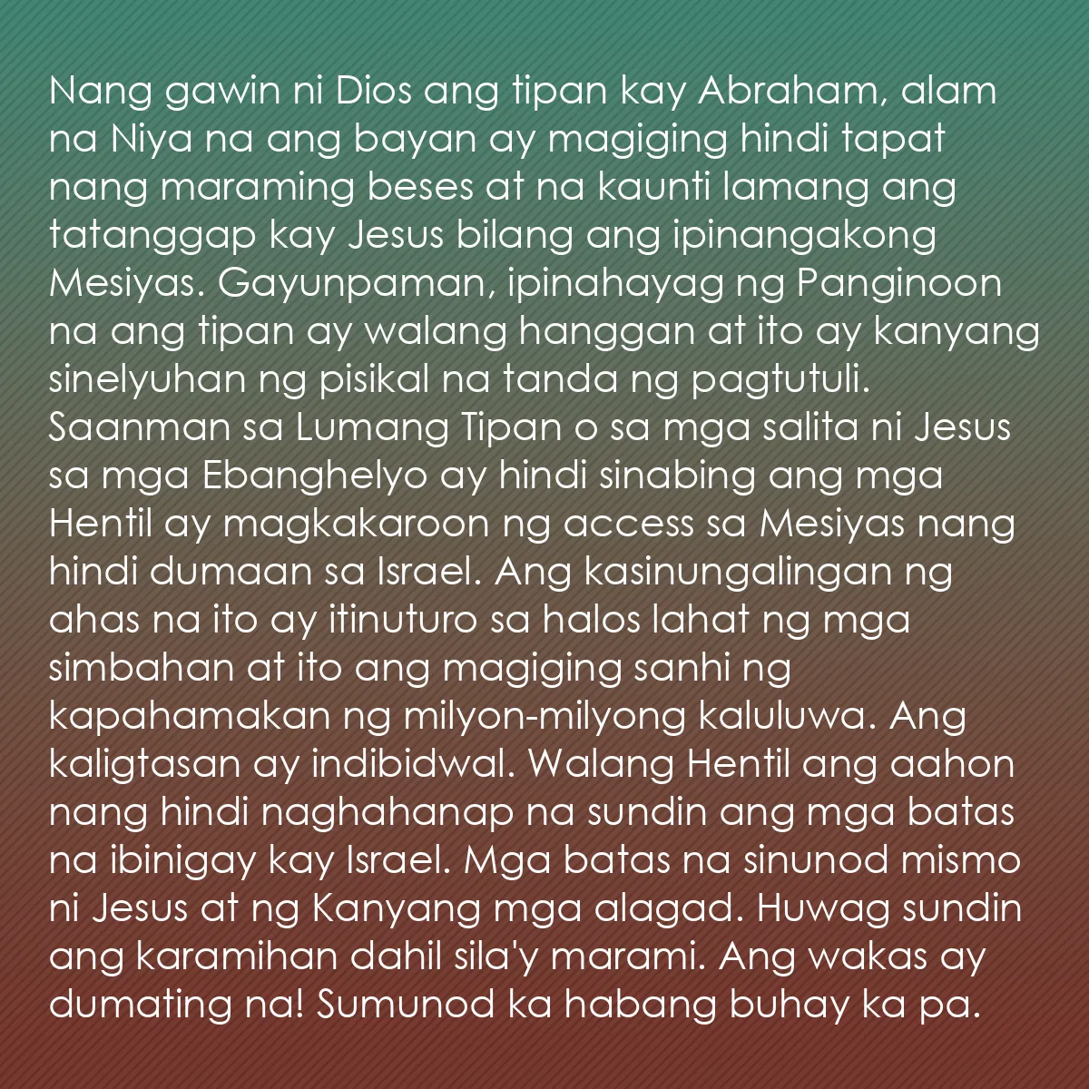 0073 - Post tungkol sa Batas ng Diyos: Nang gawin ni Dios ang tipan kay Abraham, alam na...