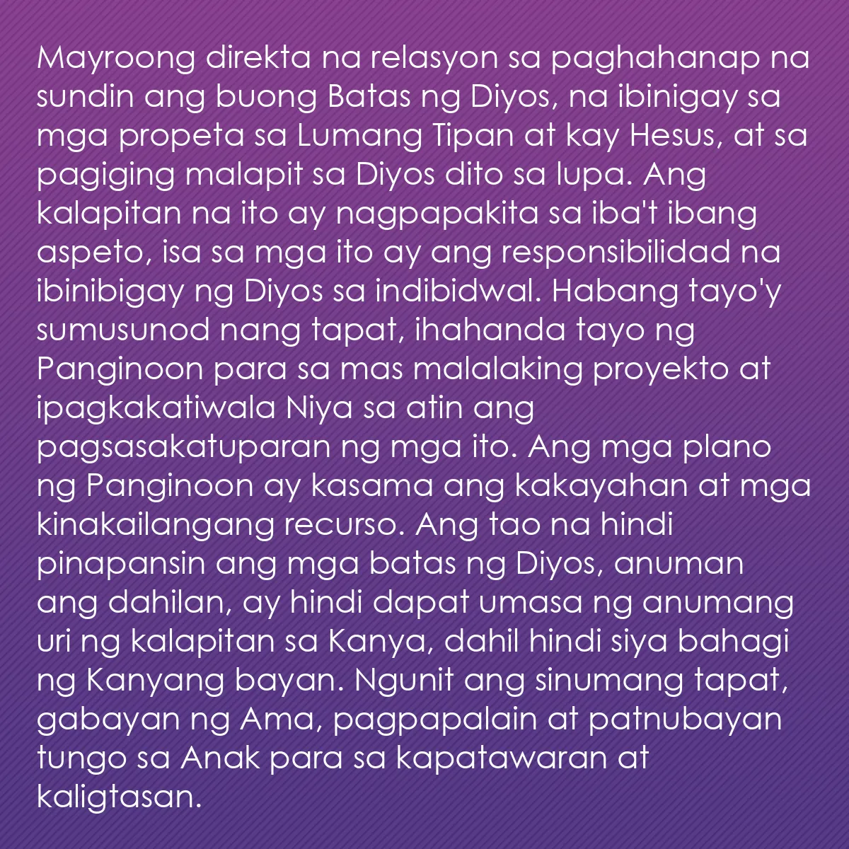 0151 - Post tungkol sa Batas ng Diyos: Mayroong direkta na relasyon sa paghahanap na sundin...