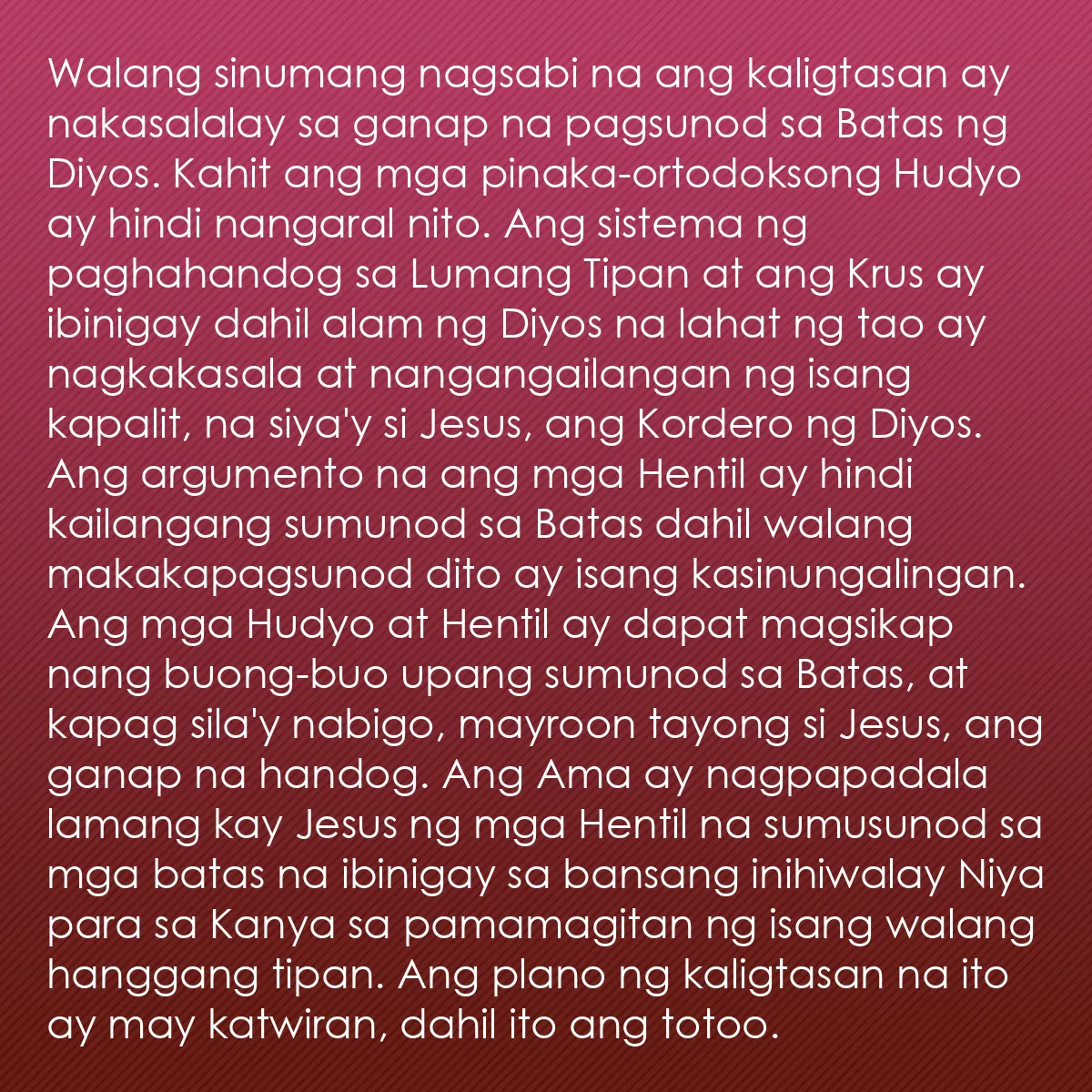 0159 - Post tungkol sa Batas ng Diyos: Walang sinumang nagsabi na ang kaligtasan ay nakasalalay...