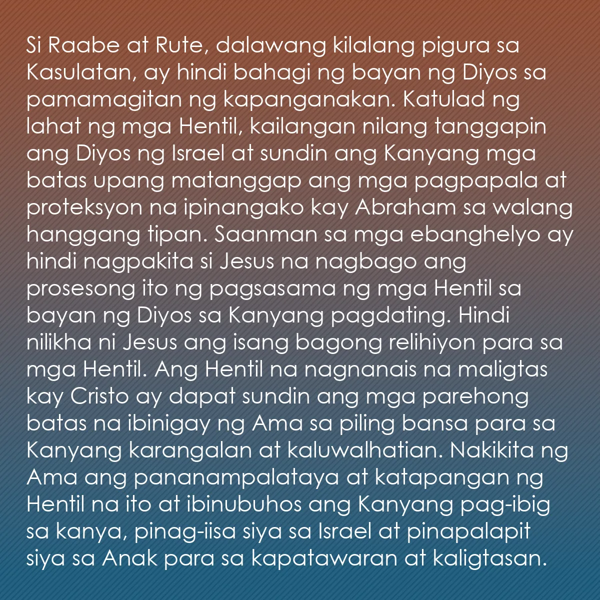 0172 - Post tungkol sa Batas ng Diyos: Si Raabe at Rute, dalawang kilalang pigura sa Kasulatan,...