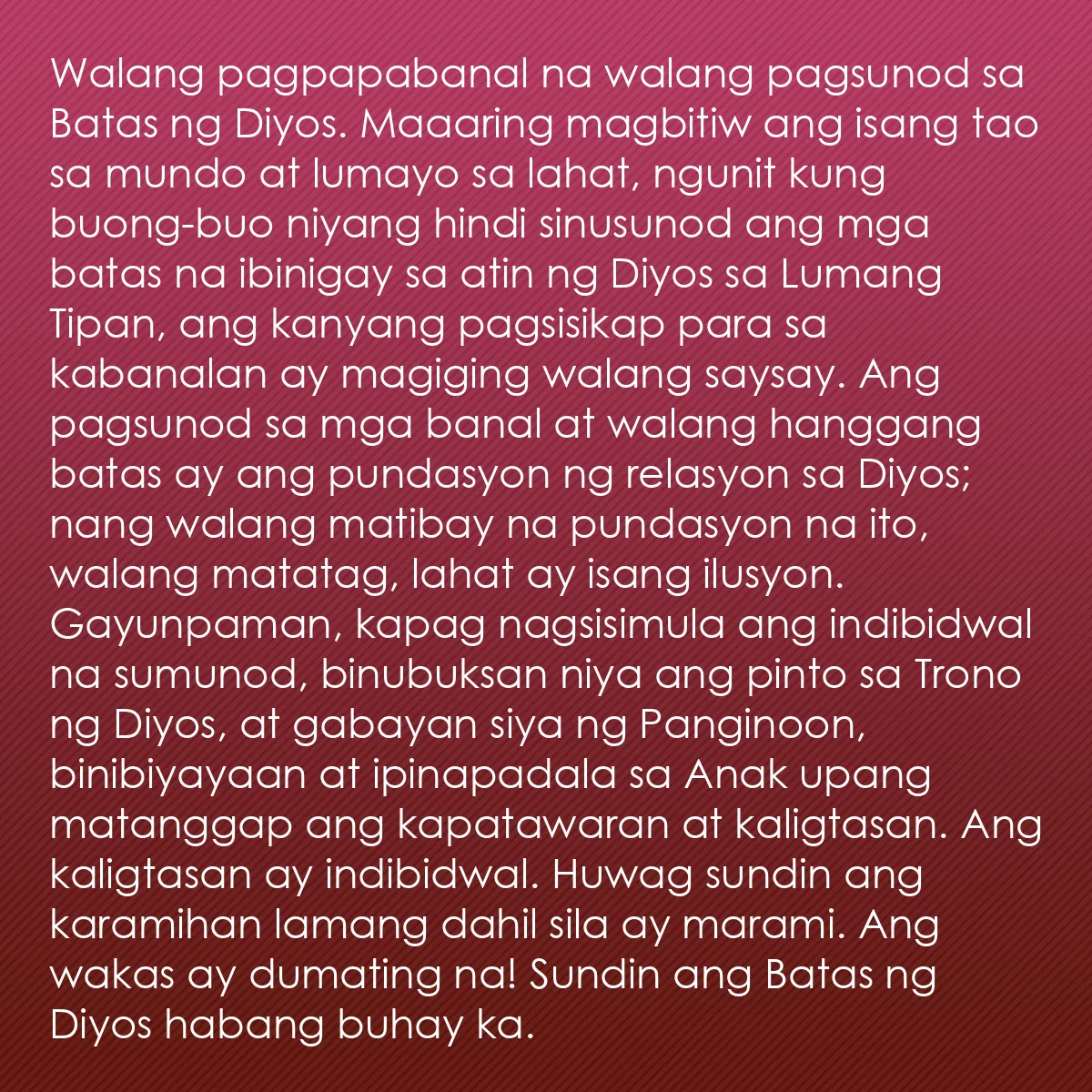 0219 - Post tungkol sa Batas ng Diyos: Walang pagpapabanal na walang pagsunod sa Batas ng...