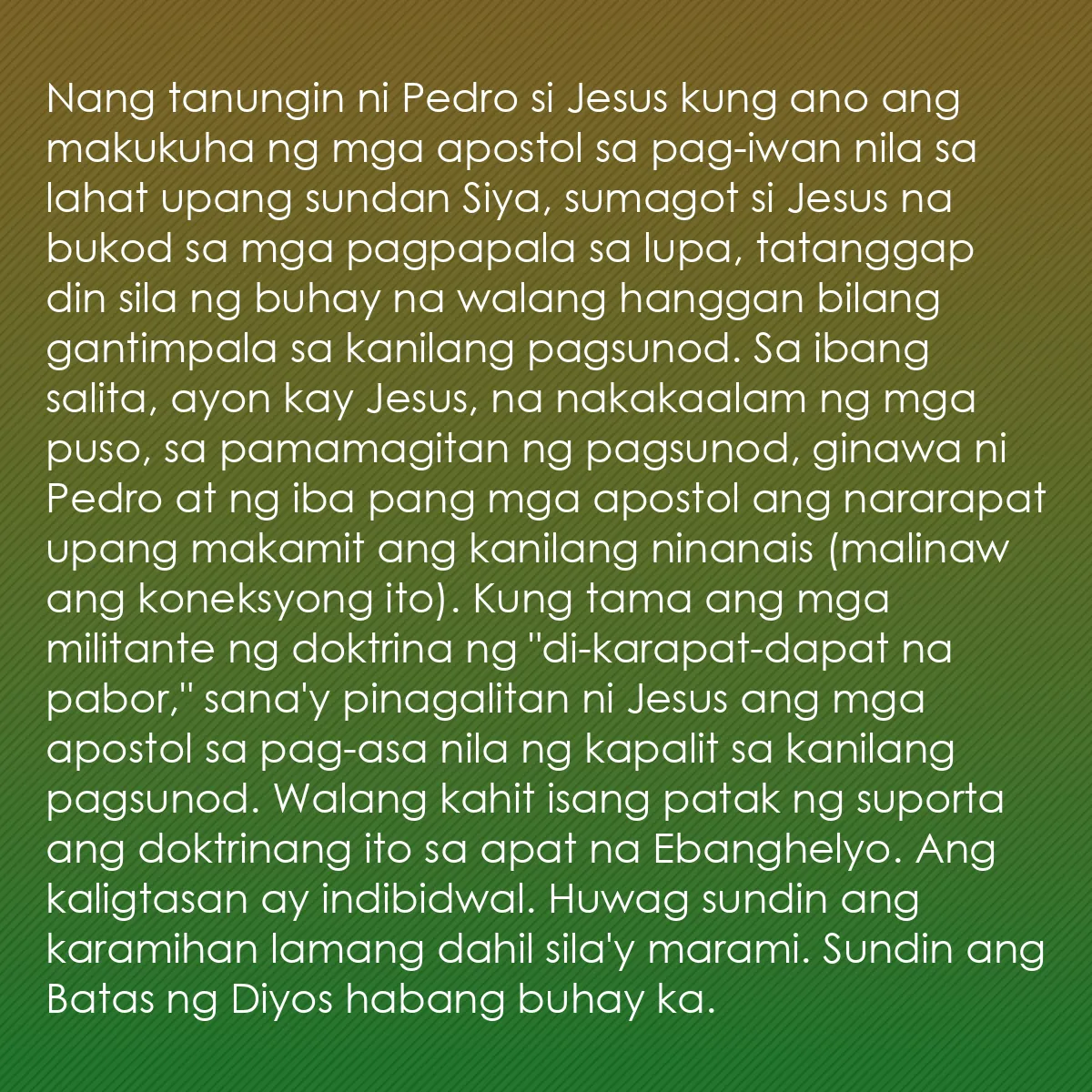 0236 - Post tungkol sa Batas ng Diyos: Nang tanungin ni Pedro si Jesus kung ano ang makukuha...
