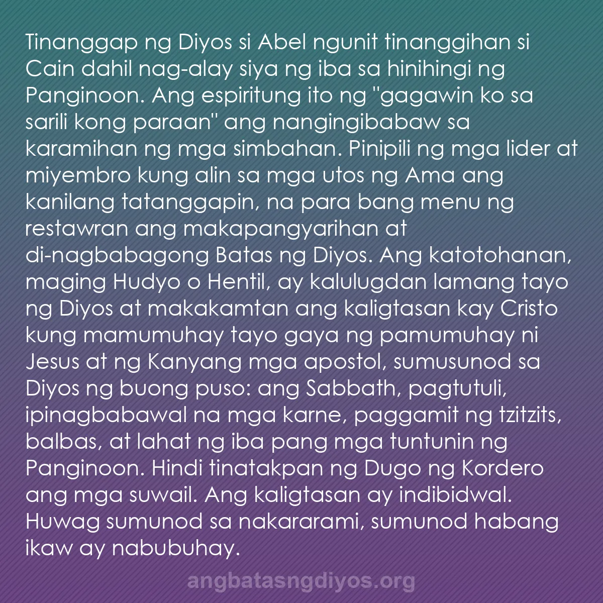 b0064 - Post tungkol sa Batas ng Diyos: Tinanggap ng Diyos si Abel ngunit tinanggihan si Cain dahil...