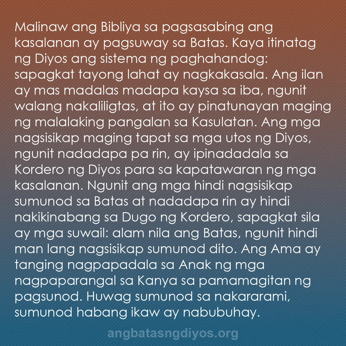 b0072 - Post tungkol sa Batas ng Diyos: Malinaw ang Bibliya sa pagsasabing ang kasalanan ay pagsuway...