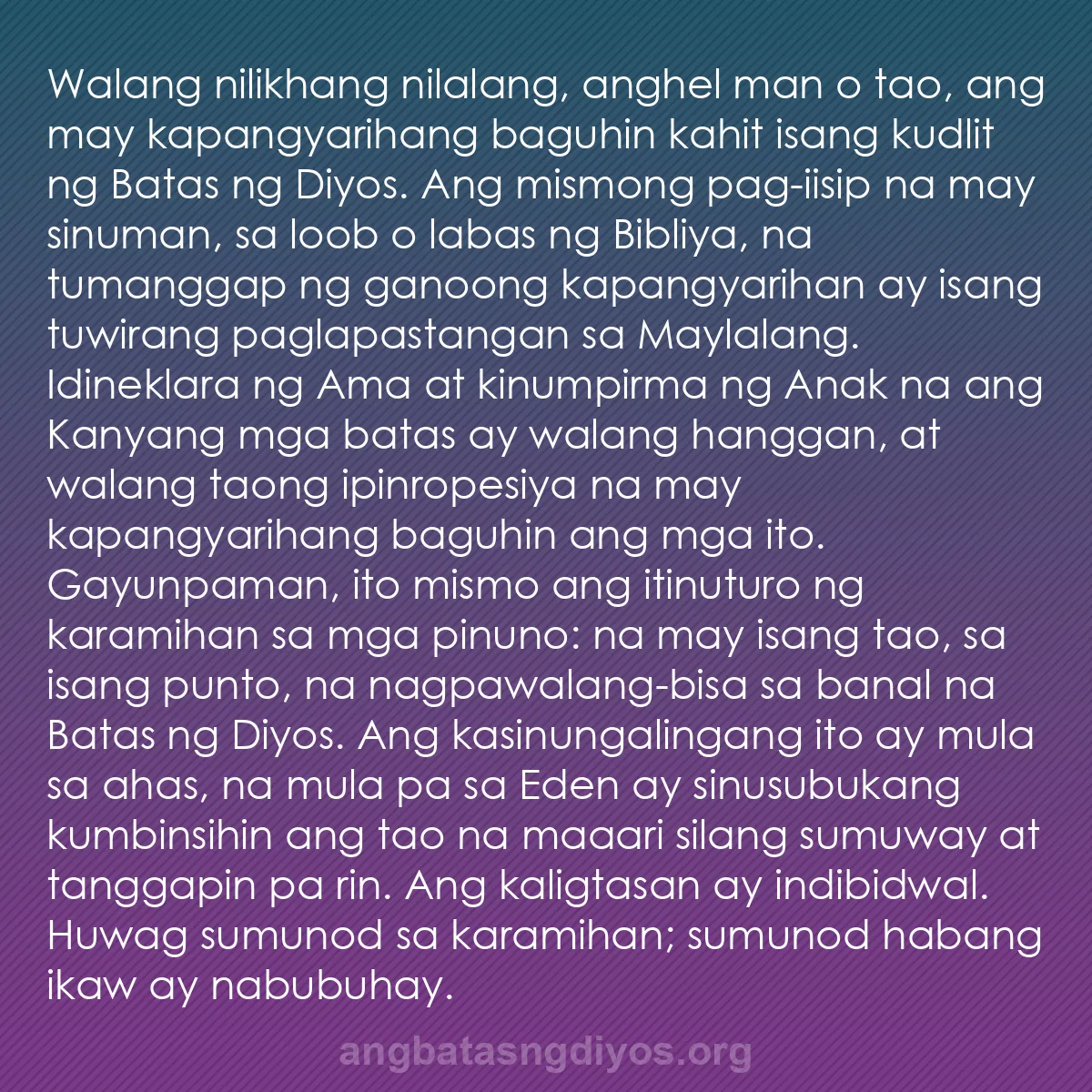 b0114 - Post tungkol sa Batas ng Diyos: Walang nilikhang nilalang, anghel man o tao, ang may kapangyarihang...