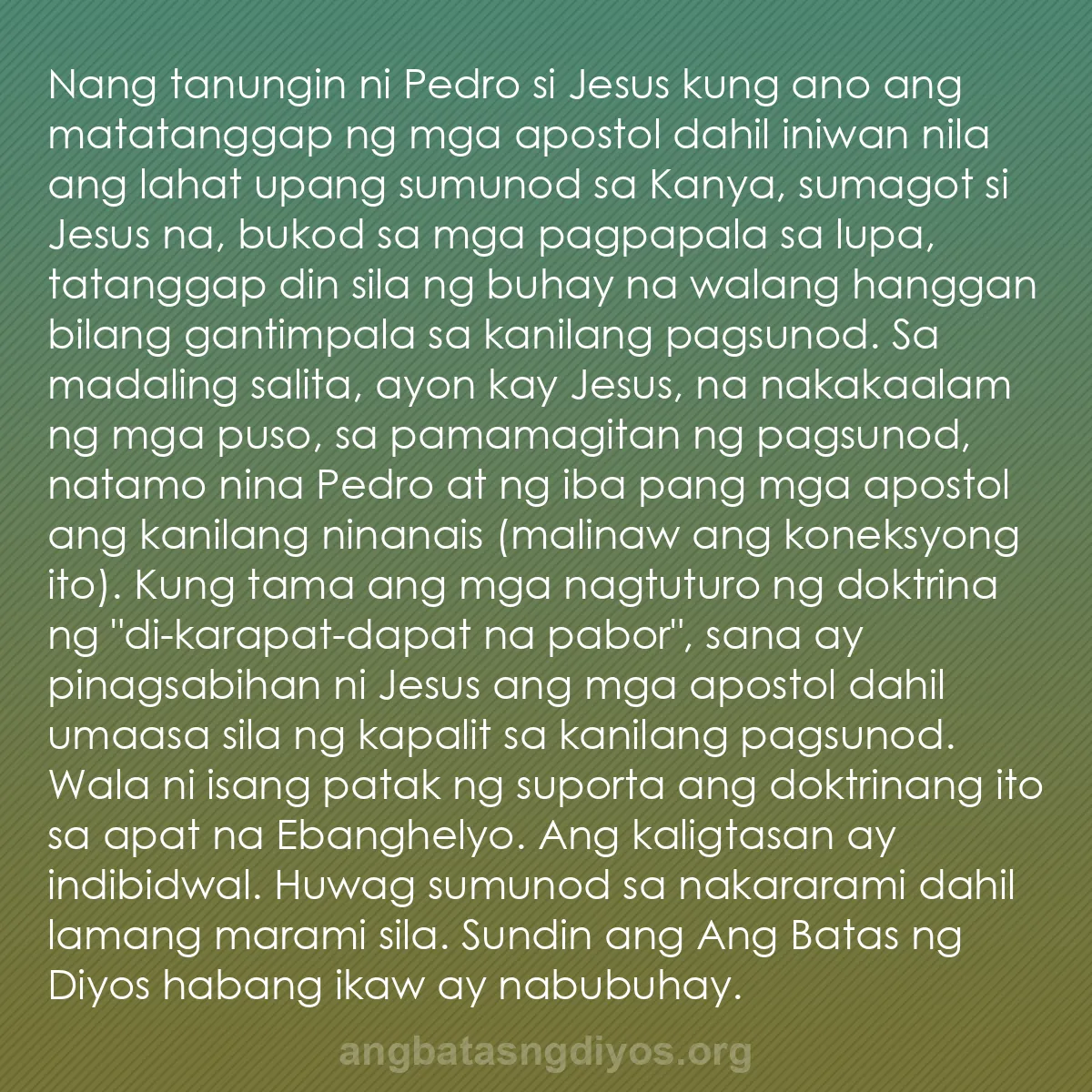 b0243 - Post tungkol sa Batas ng Diyos: Nang tanungin ni Pedro si Jesus kung ano ang matatanggap ng...