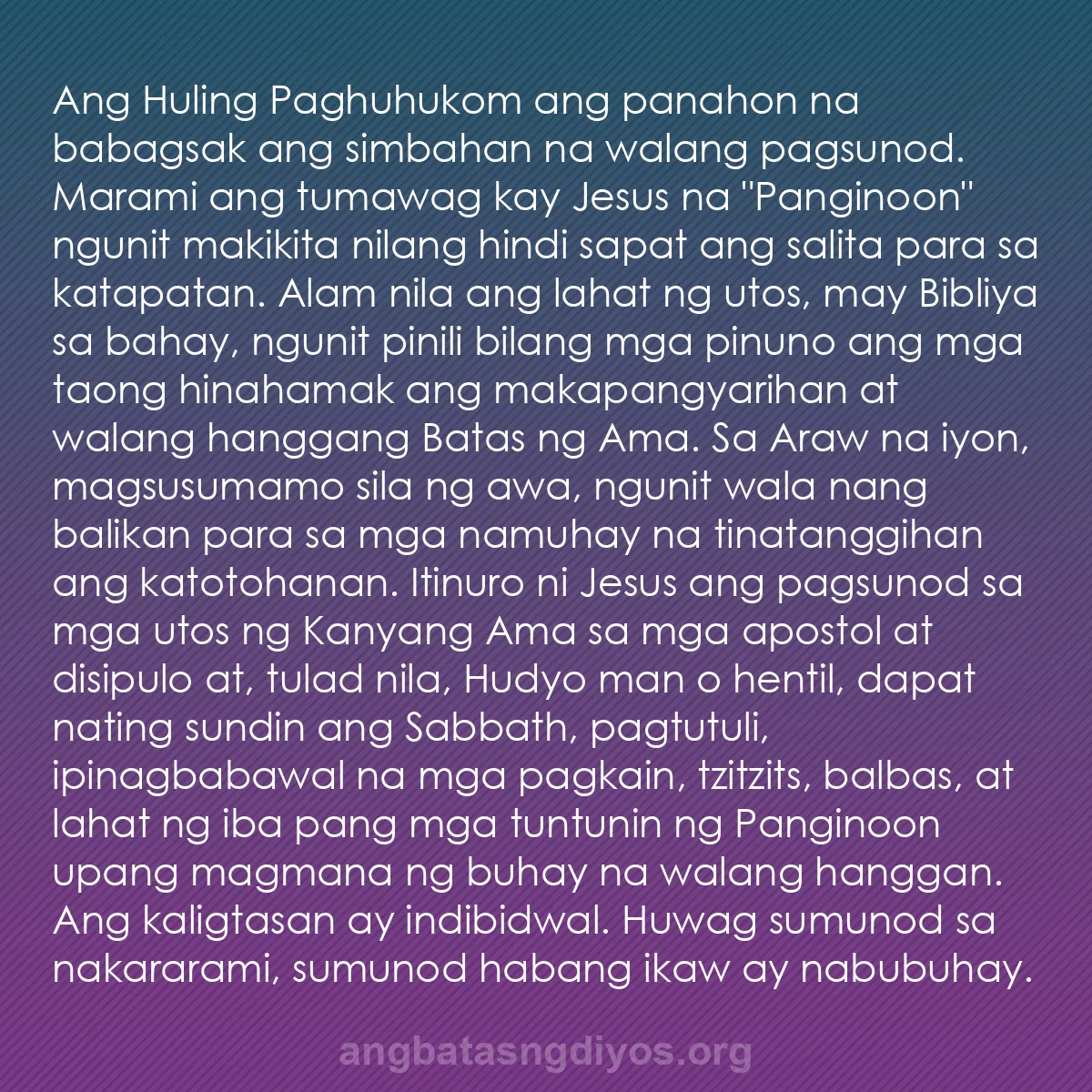 b0274 - Post tungkol sa Batas ng Diyos: Ang Huling Paghuhukom ang panahon na babagsak ang simbahan na...