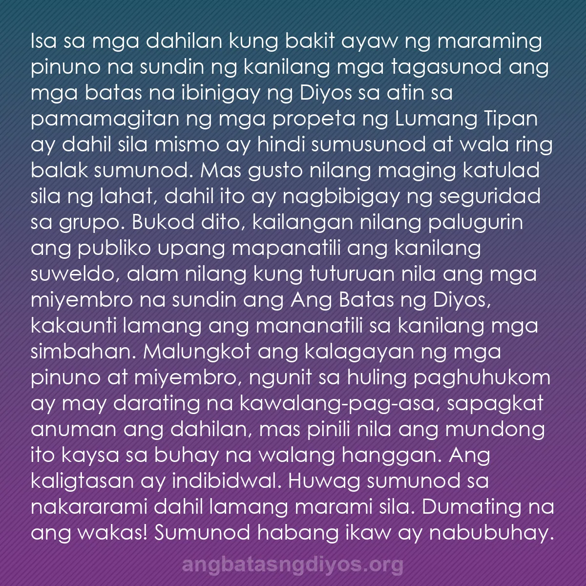 b0334 - Post tungkol sa Batas ng Diyos: Isa sa mga dahilan kung bakit ayaw ng maraming pinuno na sundin...