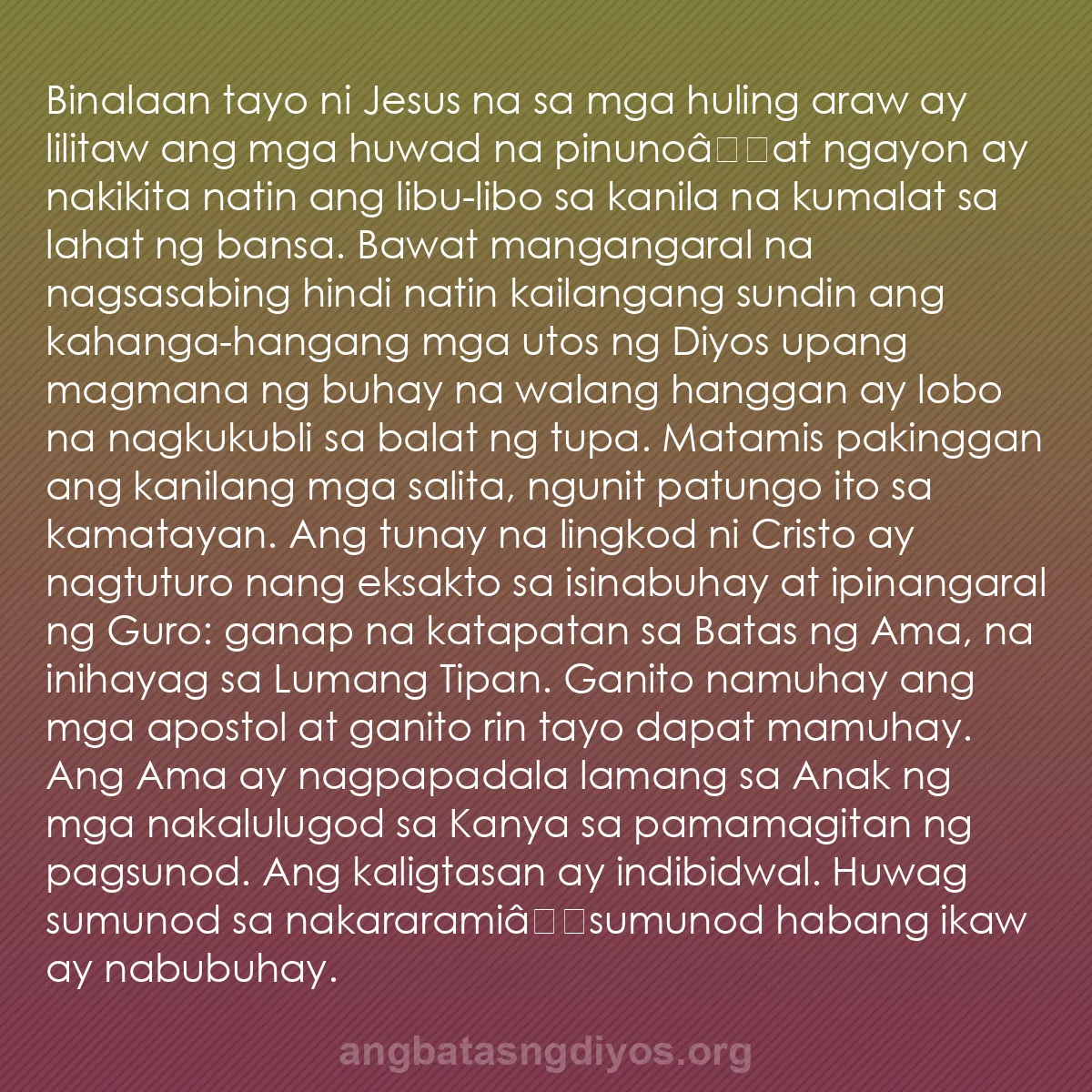 b0448 - Post tungkol sa Batas ng Diyos: Binalaan tayo ni Jesus na sa mga huling araw ay lilitaw ang...