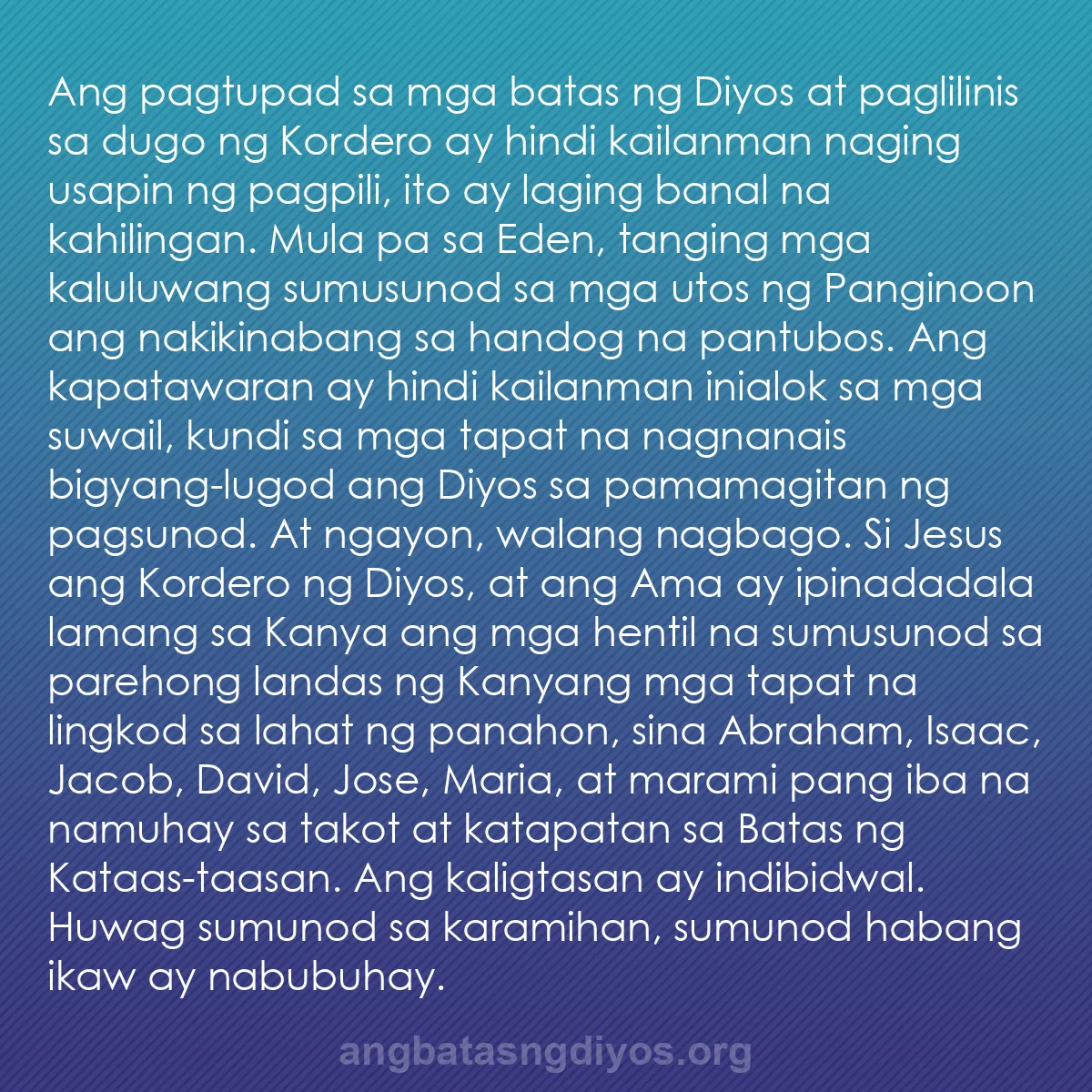 b0475 - Post tungkol sa Batas ng Diyos: Ang pagtupad sa mga batas ng Diyos at paglilinis sa dugo ng...