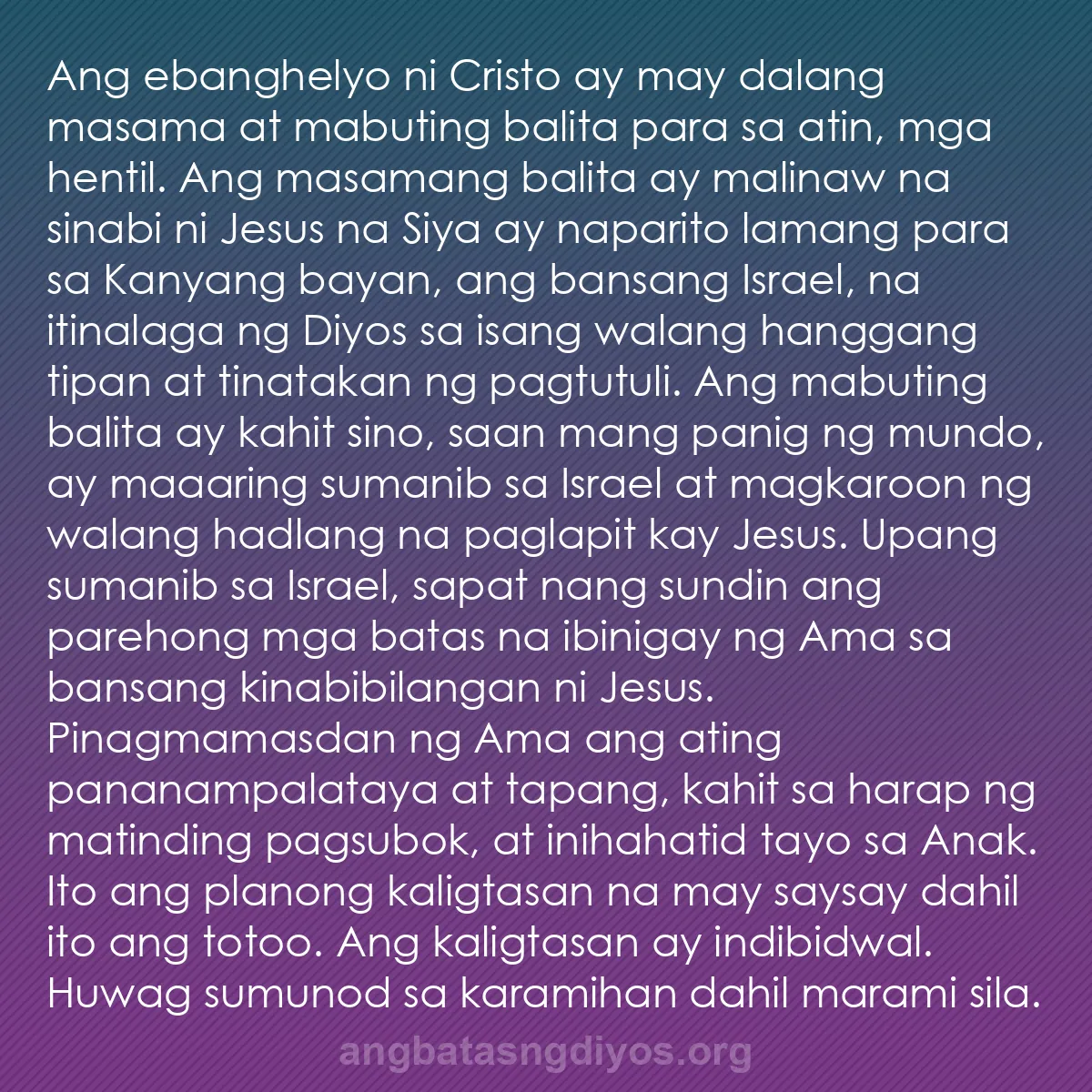 b0514 - Post tungkol sa Batas ng Diyos: Ang ebanghelyo ni Cristo ay may dalang masama at mabuting balita...